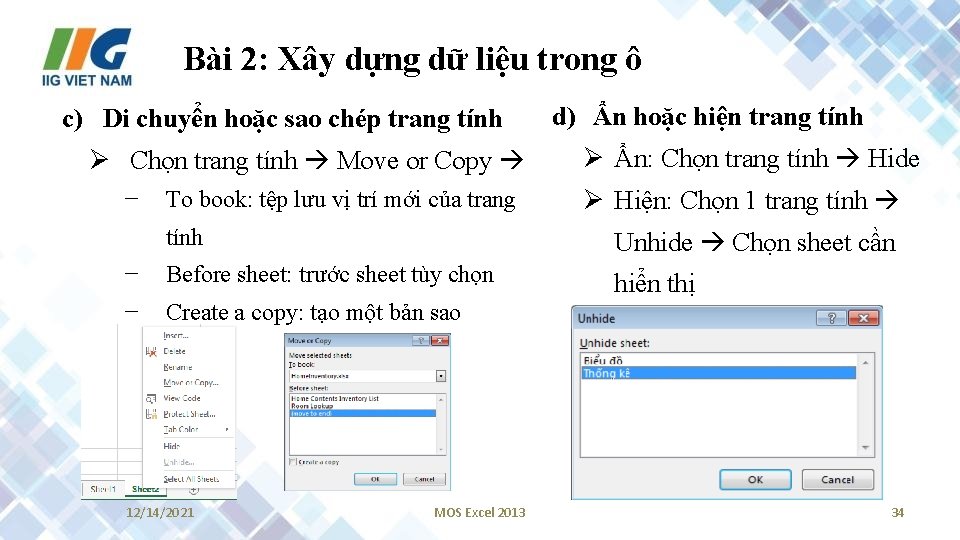 Bài 2: Xây dựng dữ liệu trong ô c) Di chuyển hoặc sao chép
