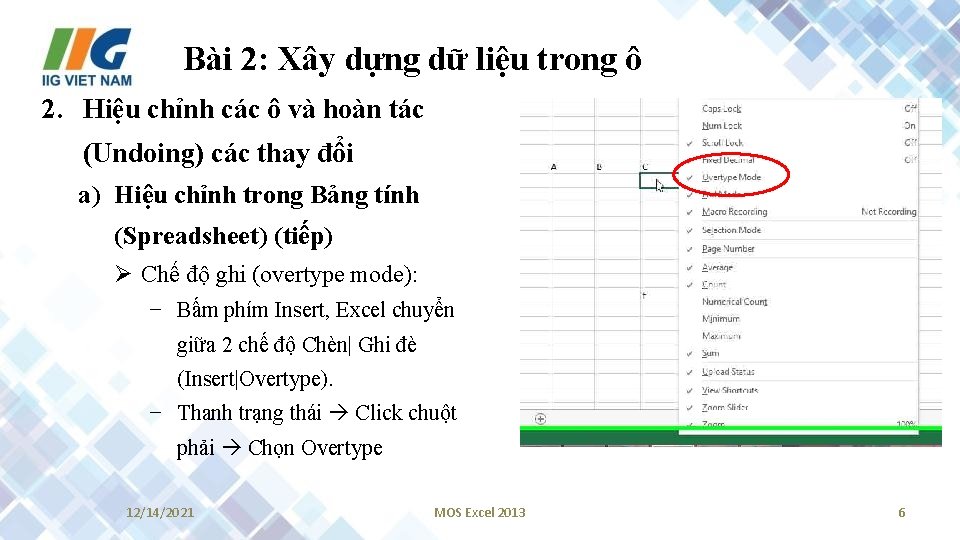 Bài 2: Xây dựng dữ liệu trong ô 2. Hiệu chỉnh các ô và