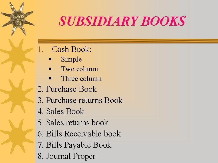 SUBSIDIARY BOOKS Cash Book: 1. § § § Simple Two column Three column 2.