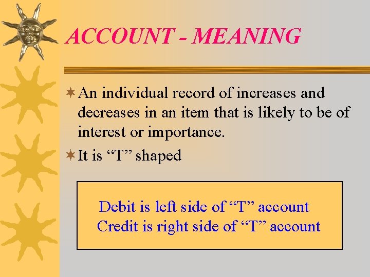 ACCOUNT - MEANING ¬An individual record of increases and decreases in an item that