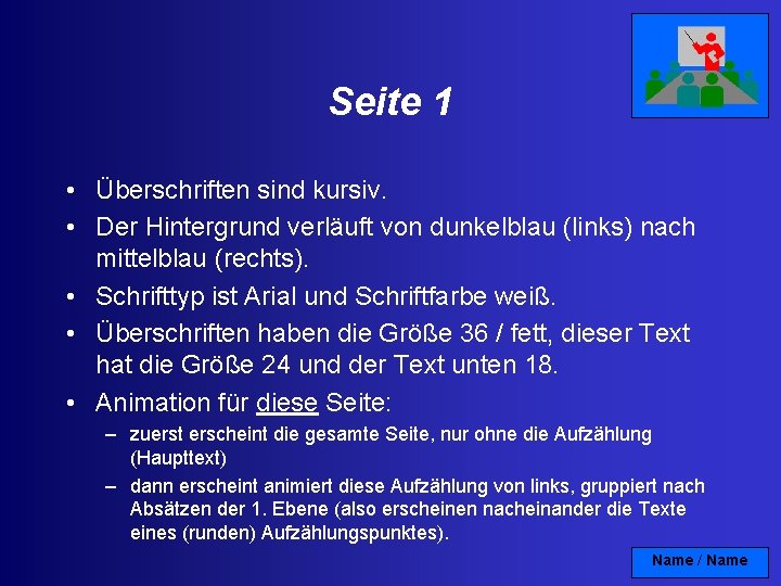 Seite 1 • Überschriften sind kursiv. • Der Hintergrund verläuft von dunkelblau (links) nach