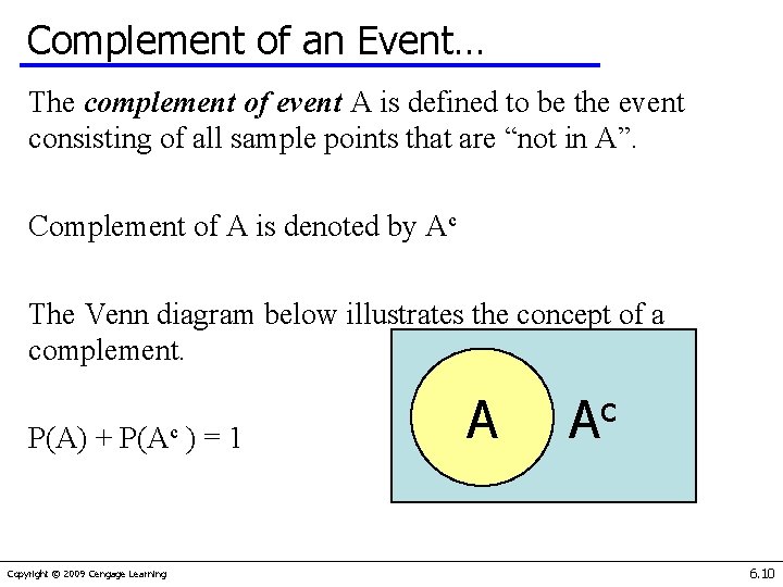 Complement of an Event… The complement of event A is defined to be the