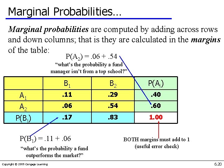 Marginal Probabilities… Marginal probabilities are computed by adding across rows and down columns; that