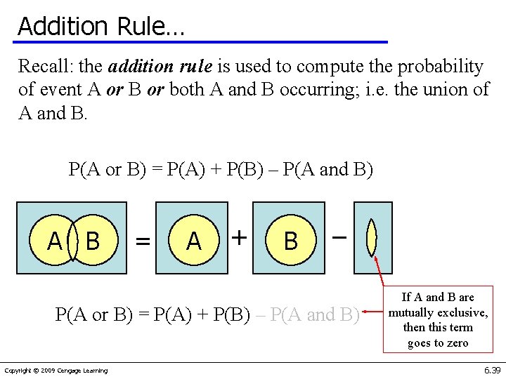 Addition Rule… Recall: the addition rule is used to compute the probability of event