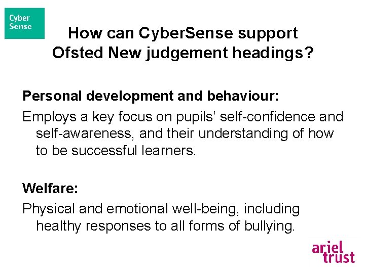 How can Cyber. Sense support Ofsted New judgement headings? Personal development and behaviour: Employs