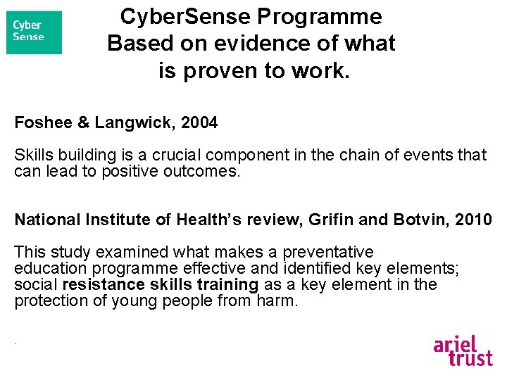Cyber. Sense Programme Based on evidence of what is proven to work. Foshee &
