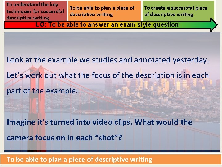 To understand the key techniques for successful descriptive writing To be able to plan