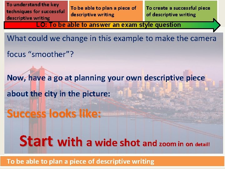 To understand the key techniques for successful descriptive writing To be able to plan