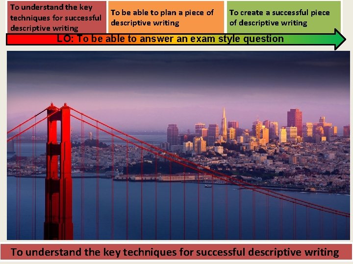 To understand the key techniques for successful descriptive writing To be able to plan