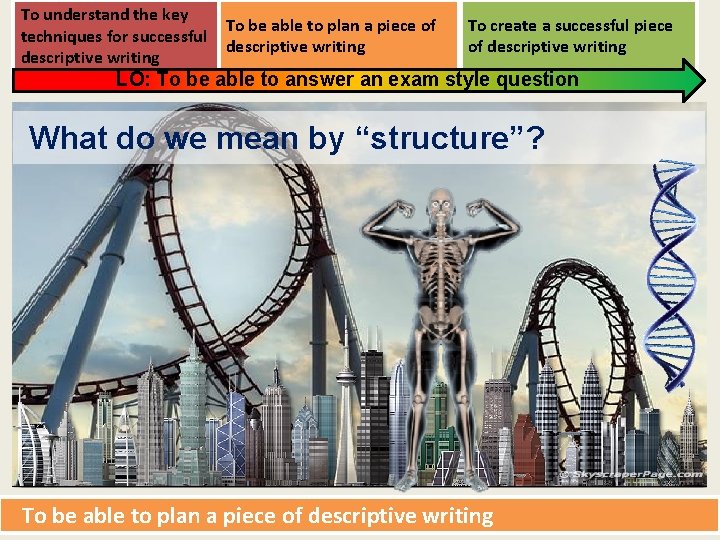 To understand the key techniques for successful descriptive writing To be able to plan