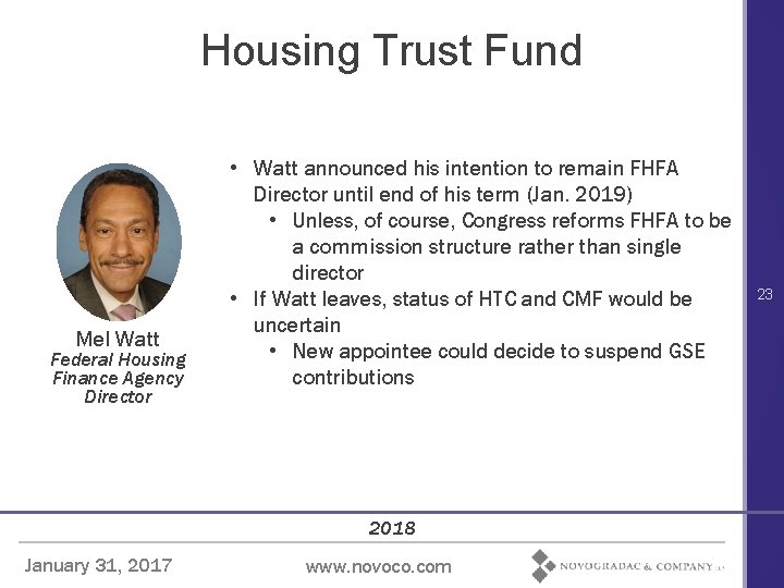 Housing Trust Fund Mel Watt Federal Housing Finance Agency Director • Watt announced his