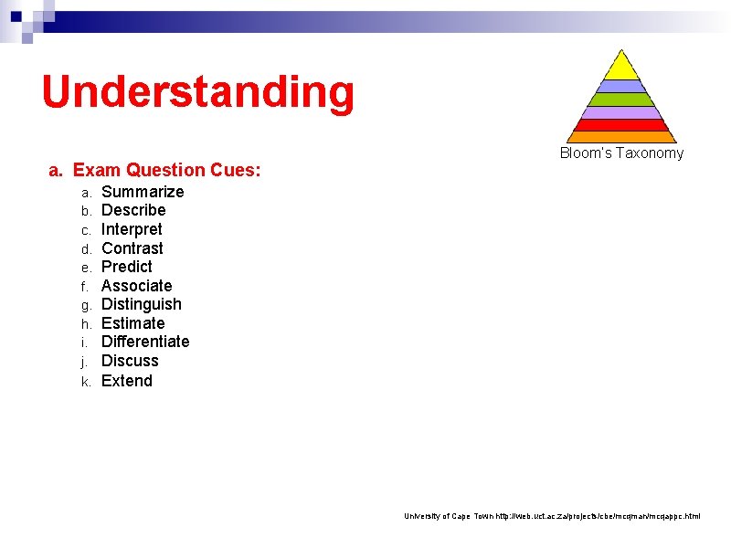 Understanding a. Exam Question Cues: Bloom’s Taxonomy Summarize Describe Interpret Contrast Predict Associate Distinguish