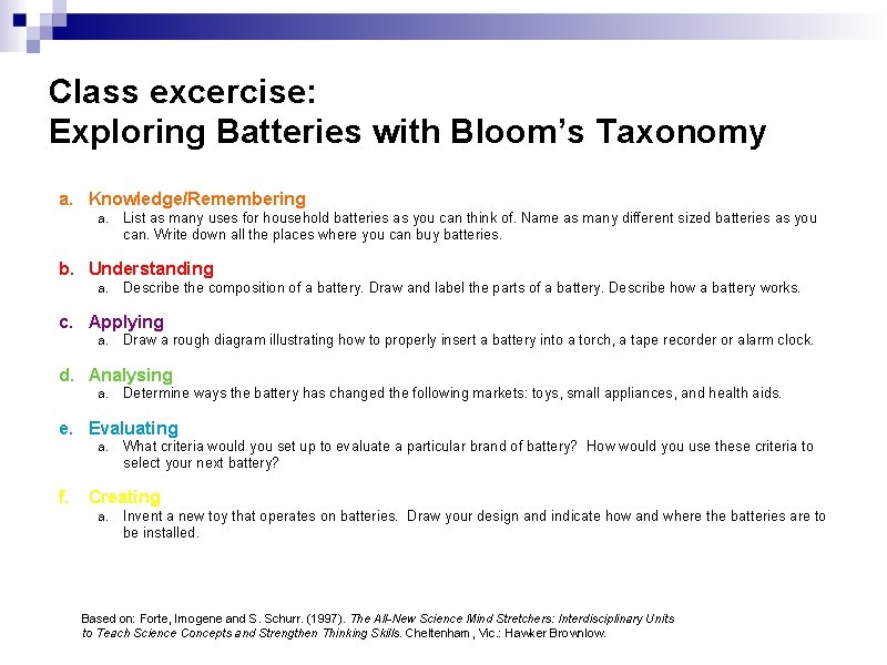 Class excercise: Exploring Batteries with Bloom’s Taxonomy a. Knowledge/Remembering a. List as many uses