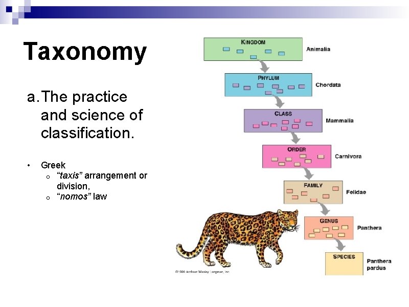 Taxonomy a. The practice and science of classification. • Greek o “taxis” arrangement or