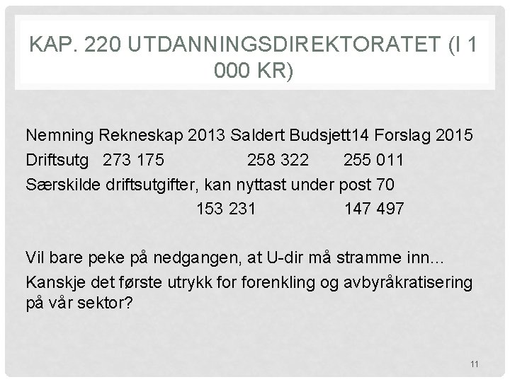 KAP. 220 UTDANNINGSDIREKTORATET (I 1 000 KR) Nemning Rekneskap 2013 Saldert Budsjett 14 Forslag