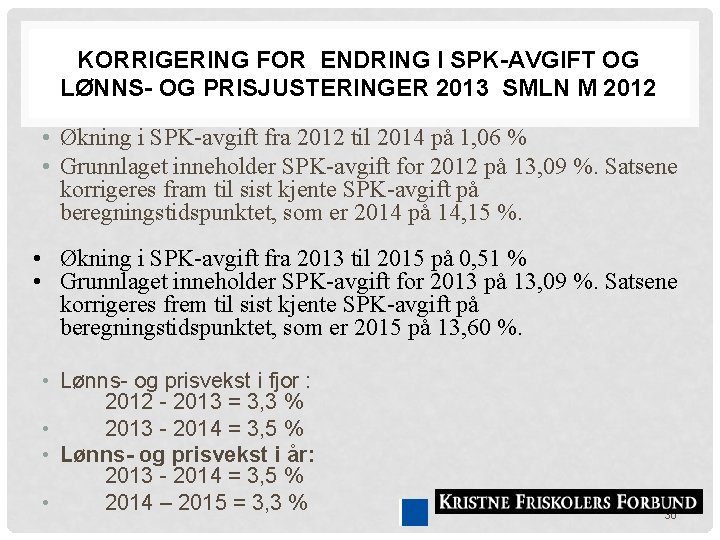KORRIGERING FOR ENDRING I SPK-AVGIFT OG LØNNS- OG PRISJUSTERINGER 2013 SMLN M 2012 •