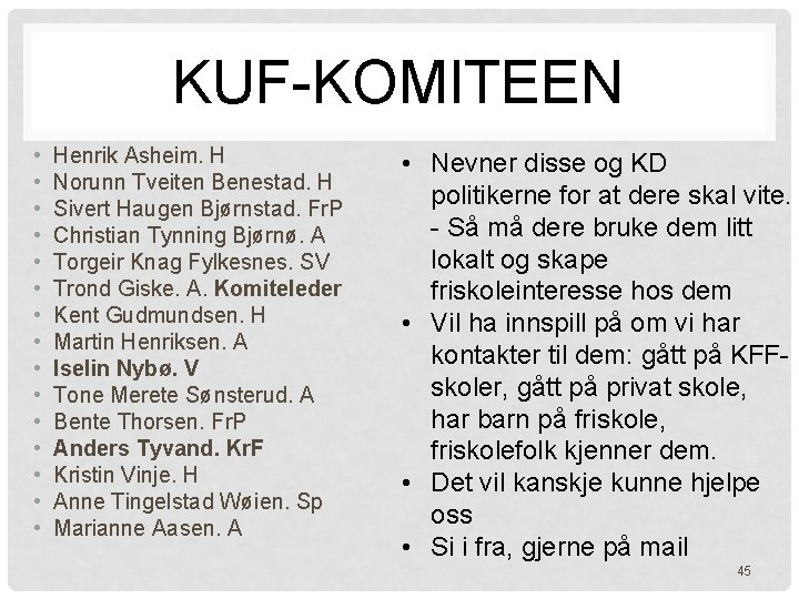 KUF-KOMITEEN • • • • Henrik Asheim. H Norunn Tveiten Benestad. H Sivert Haugen