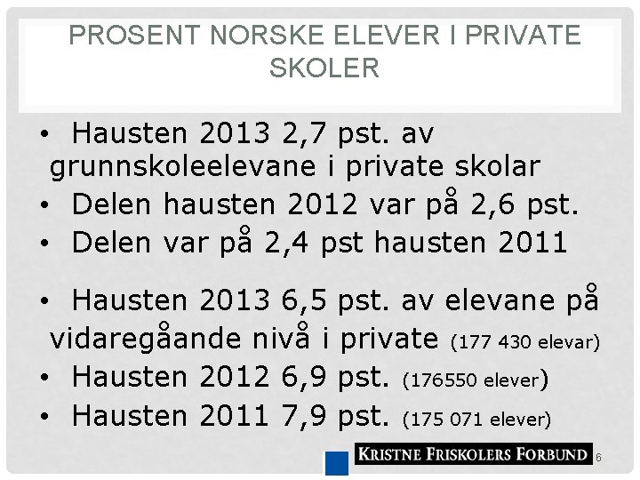 PROSENT NORSKE ELEVER I PRIVATE SKOLER • Hausten 2013 2, 7 pst. av grunnskoleelevane