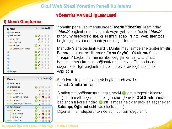 Okul Web Sitesi Yönetim Paneli Kullanımı YÖNETİM PANELİ İŞLEMLERİ I) Menü Oluşturma Yönetim paneli