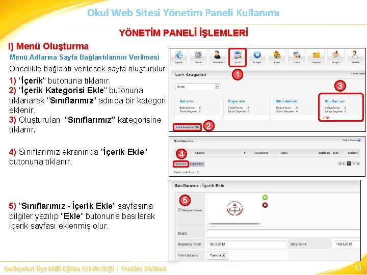 Okul Web Sitesi Yönetim Paneli Kullanımı YÖNETİM PANELİ İŞLEMLERİ I) Menü Oluşturma Menü Adlarına