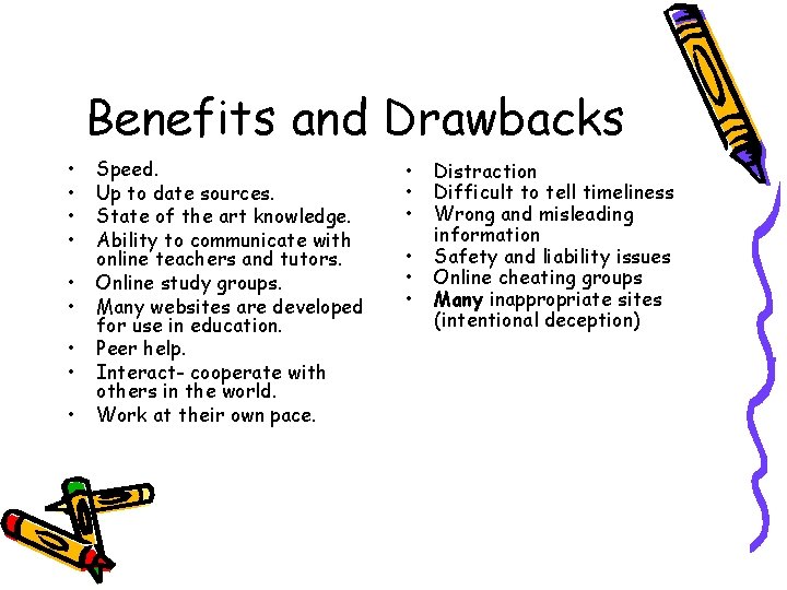 Benefits and Drawbacks • • • Speed. Up to date sources. State of the