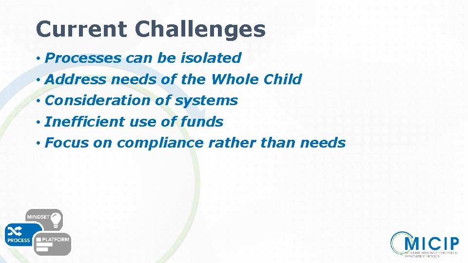 Current Challenges • Processes can be isolated • Address needs of the Whole Child