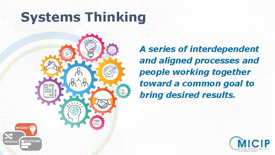 Systems Thinking A series of interdependent and aligned processes and people working together toward