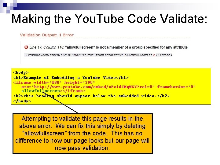 Making the You. Tube Code Validate: <body> <h 1>Example of Embedding a You. Tube