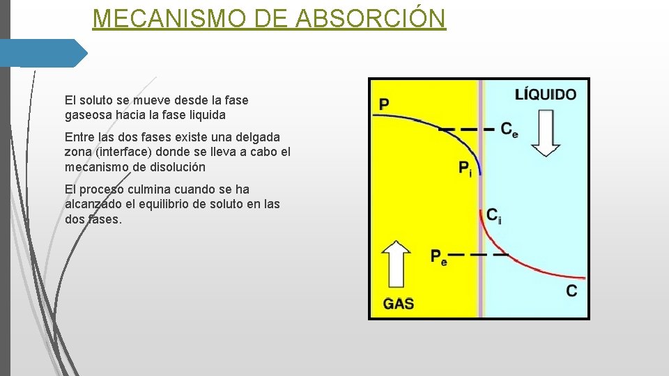 MECANISMO DE ABSORCIÓN El soluto se mueve desde la fase gaseosa hacia la fase