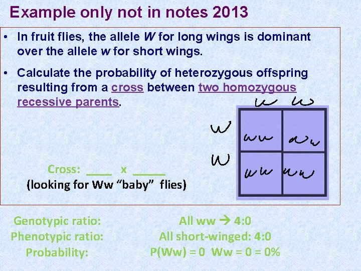 Example only not in notes 2013 • In fruit flies, the allele W for