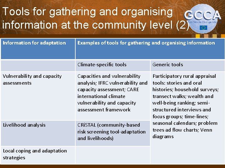Tools for gathering and organising information at the community level (2) Information for adaptation