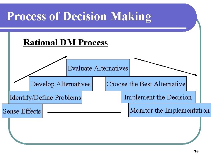 Process of Decision Making Rational DM Process Evaluate Alternatives Develop Alternatives Identify/Define Problems Sense