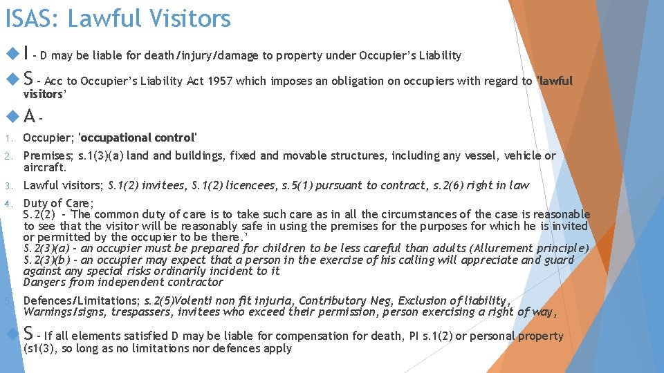 ISAS: Lawful Visitors I – D may be liable for death/injury/damage to property under
