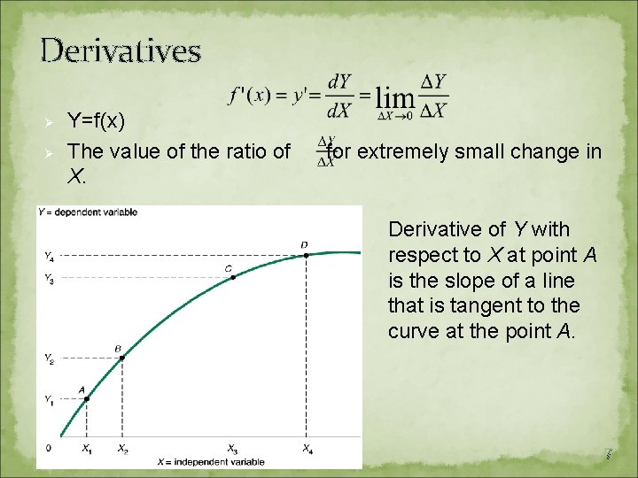Derivatives Ø Ø Y=f(x) The value of the ratio of X. for extremely small