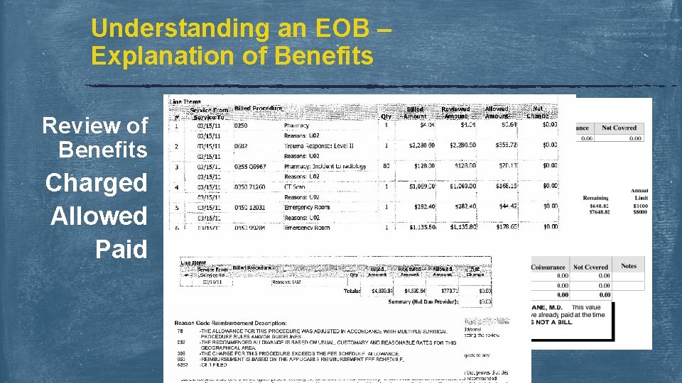 Understanding an EOB – Explanation of Benefits Review of Benefits Charged Allowed Paid 