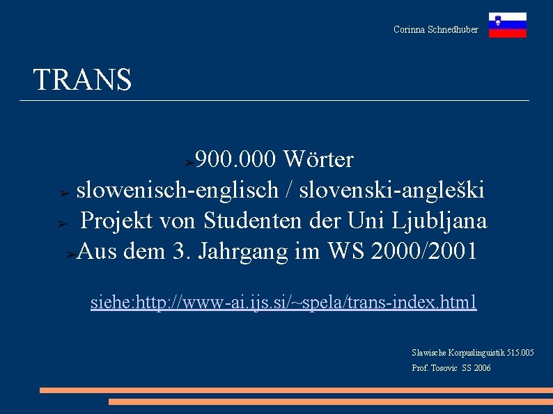 Corinna Schnedhuber TRANS 900. 000 Wörter ➢ slowenisch-englisch / slovenski-angleški ➢ Projekt von Studenten