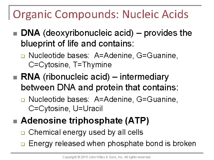 Organic Compounds: Nucleic Acids n DNA (deoxyribonucleic acid) – provides the blueprint of life