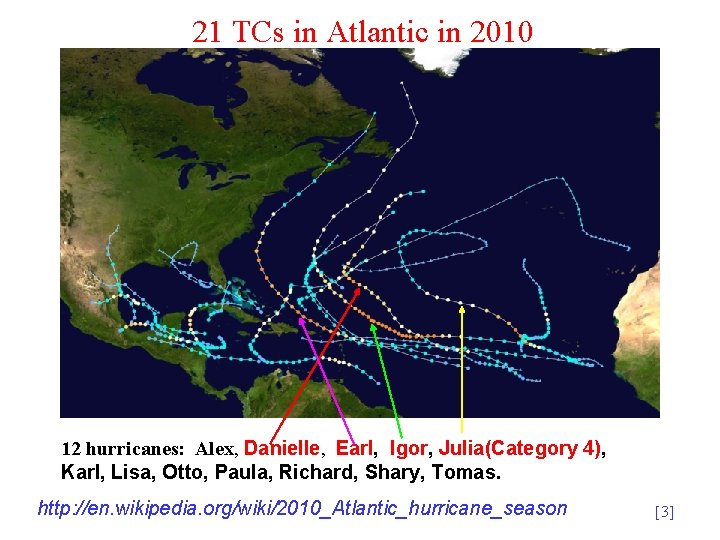 21 TCs in Atlantic in 2010 12 hurricanes: Alex, Danielle, Earl, Igor, Julia(Category 4),