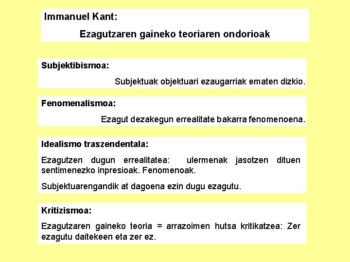 Immanuel Kant: Ezagutzaren gaineko teoriaren ondorioak Subjektibismoa: Subjektuak objektuari ezaugarriak ematen dizkio. Fenomenalismoa: Ezagut