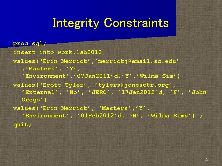 Integrity Constraints proc sql; insert into work. lab 2012 values(‘Erin Merrick’, ’merrickj@email. sc. edu’