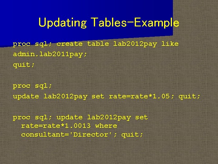 Updating Tables-Example proc sql; create table lab 2012 pay like admin. lab 2011 pay;