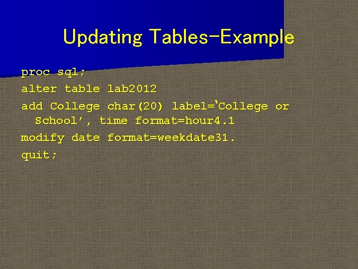 Updating Tables-Example proc sql; alter table lab 2012 add College char(20) label=‘College or School’,