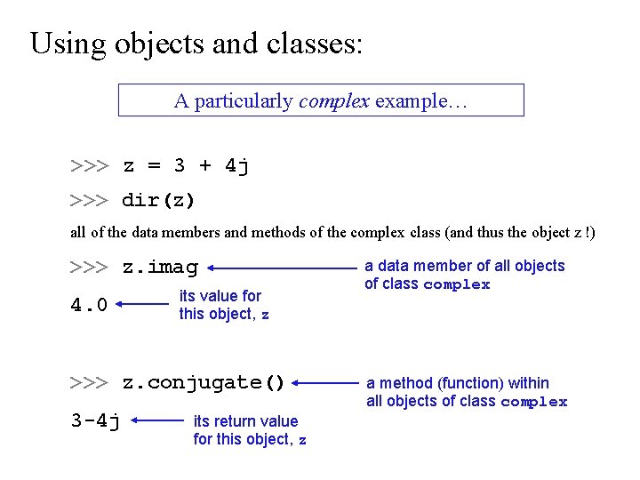 Using objects and classes: A particularly complex example… >>> z = 3 + 4