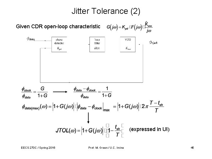 Jitter Tolerance (2) Given CDR open-loop characteristic ^ (expressed in UI) EECS 270 C