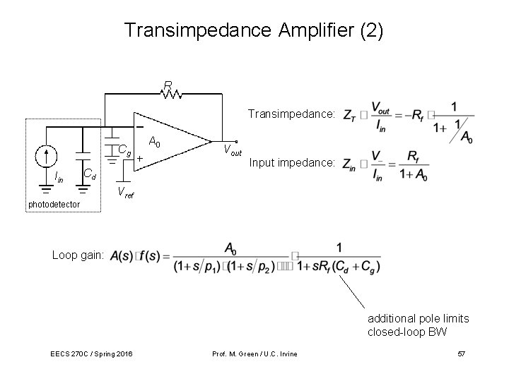 Transimpedance Amplifier (2) R Transimpedance: Cg Iin Cd photodetector A 0 Vout Input impedance: