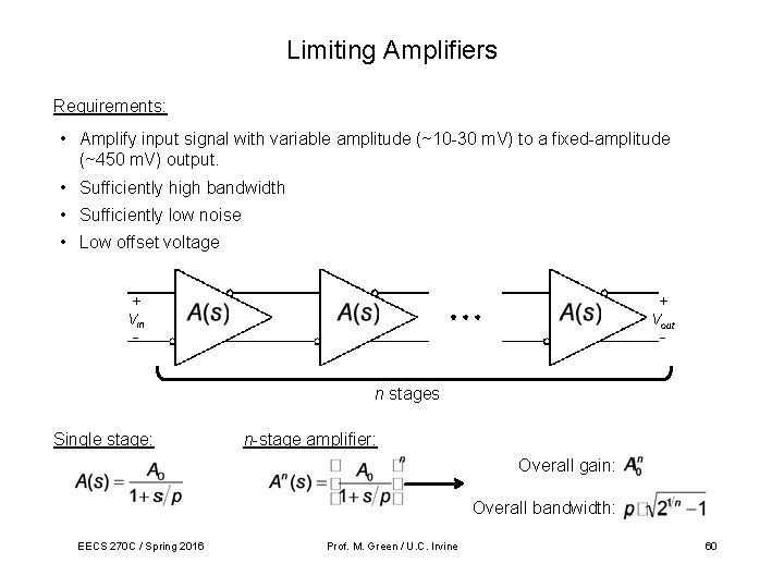 Limiting Amplifiers Requirements: • Amplify input signal with variable amplitude (~10 -30 m. V)