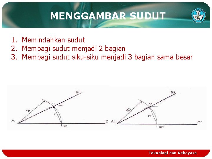 MENGGAMBAR SUDUT 1. Memindahkan sudut 2. Membagi sudut menjadi 2 bagian 3. Membagi sudut