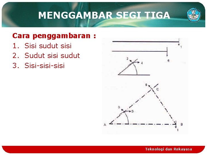 MENGGAMBAR SEGI TIGA Cara penggambaran : 1. Sisi sudut sisi 2. Sudut sisi sudut