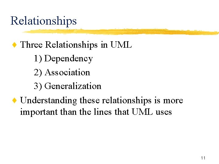 Relationships ♦ Three Relationships in UML 1) Dependency 2) Association 3) Generalization ♦ Understanding Relationships ♦ Three Relationships in UML 1) Dependency 2) Association 3) Generalization ♦ Understanding