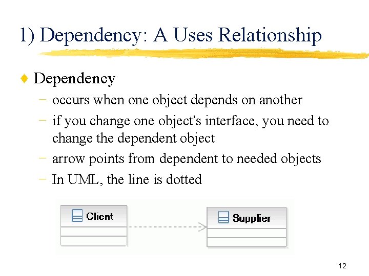 1) Dependency: A Uses Relationship ♦ Dependency − occurs when one object depends on 1) Dependency: A Uses Relationship ♦ Dependency − occurs when one object depends on